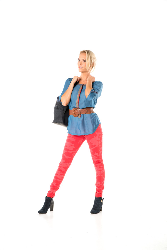 bright color in fashion - blue top and pink pants