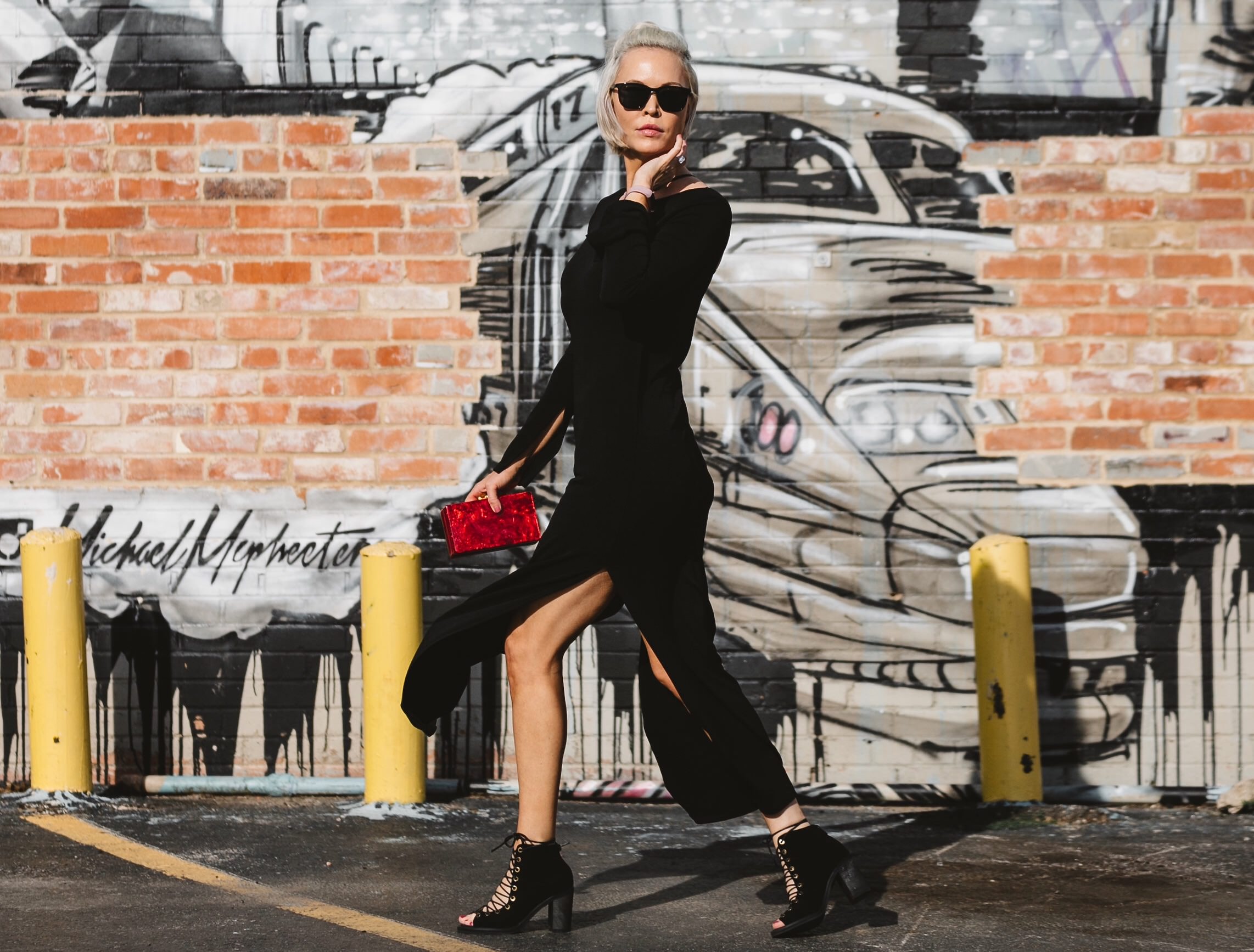 little black dress with black laceup shoes