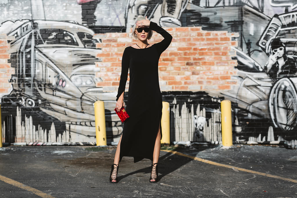 pair a little black dish with a red clutch