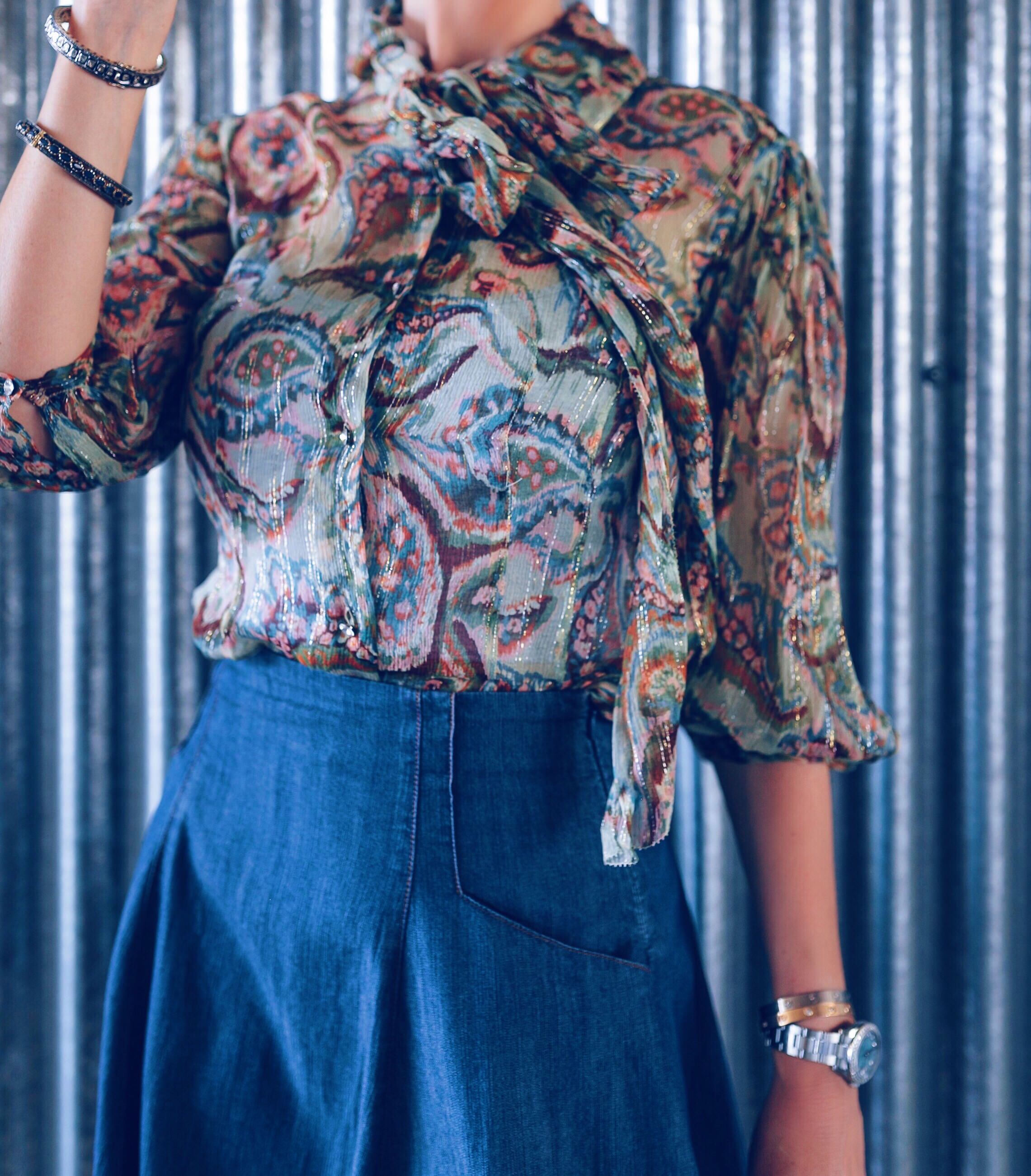 paisley top denim skirt showcased at a blogshoot