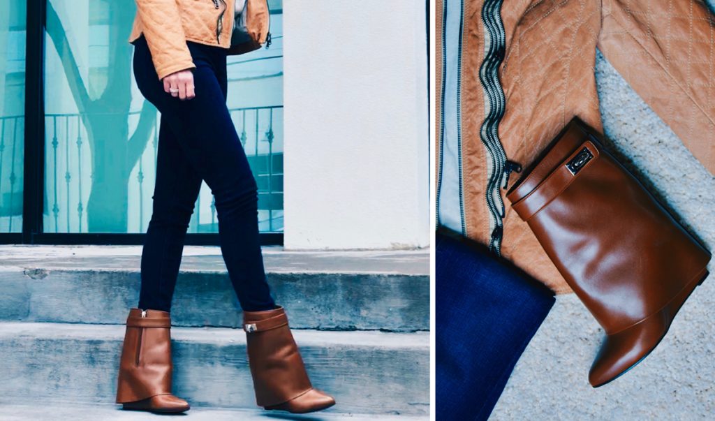 dark jeans, camel jacket, Givenchy Shark boots - the cost per wear makes this outfit worth it!