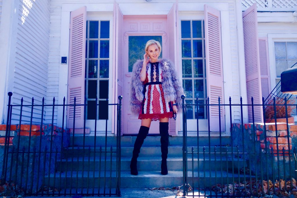 happy pink outfit with thigh-high black boots