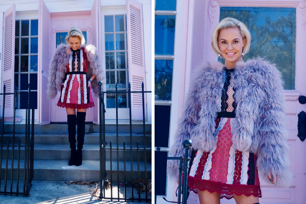 two photos of happy pink dress