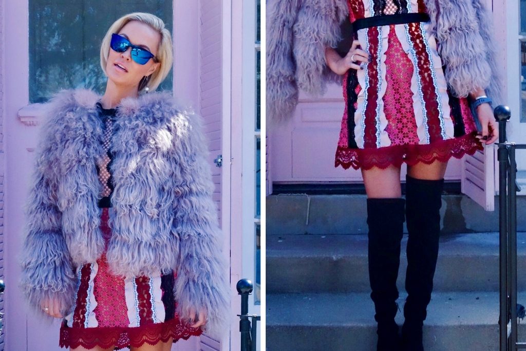 happy, pink outfit with fur coat and knee-high boots