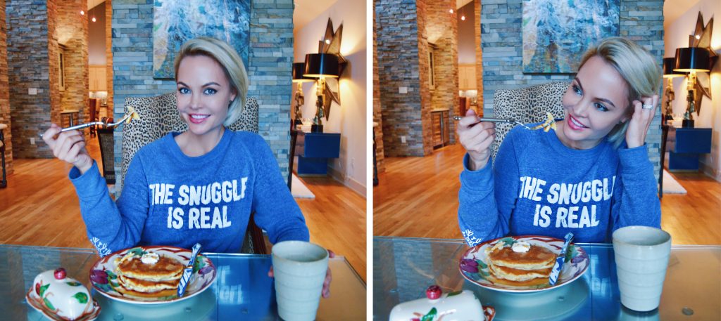 two photos of eating pancakes for national pancake day