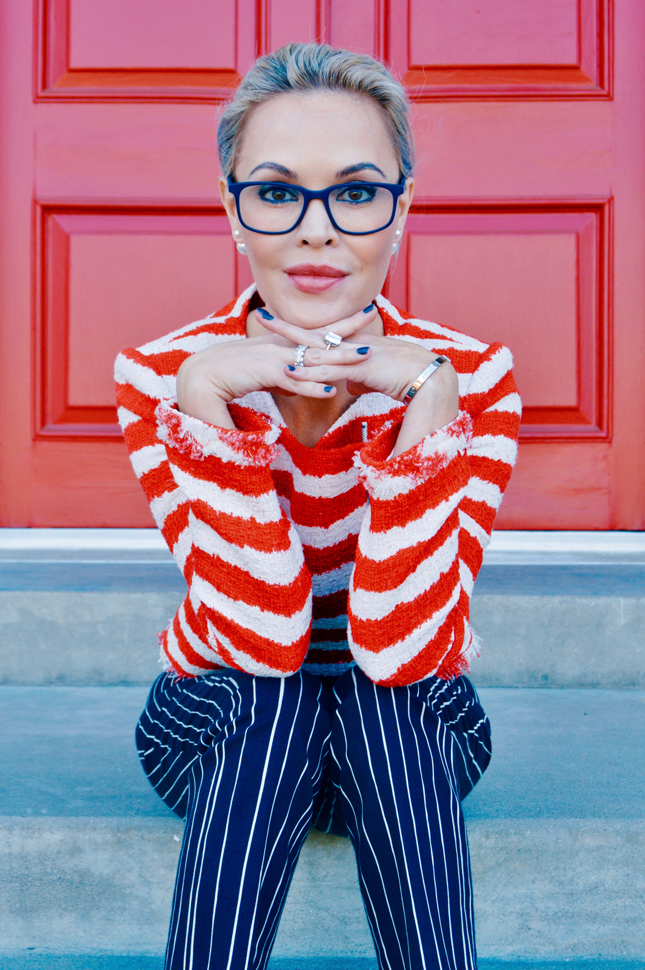 red and white striped shirt with blue nails - americana outfit