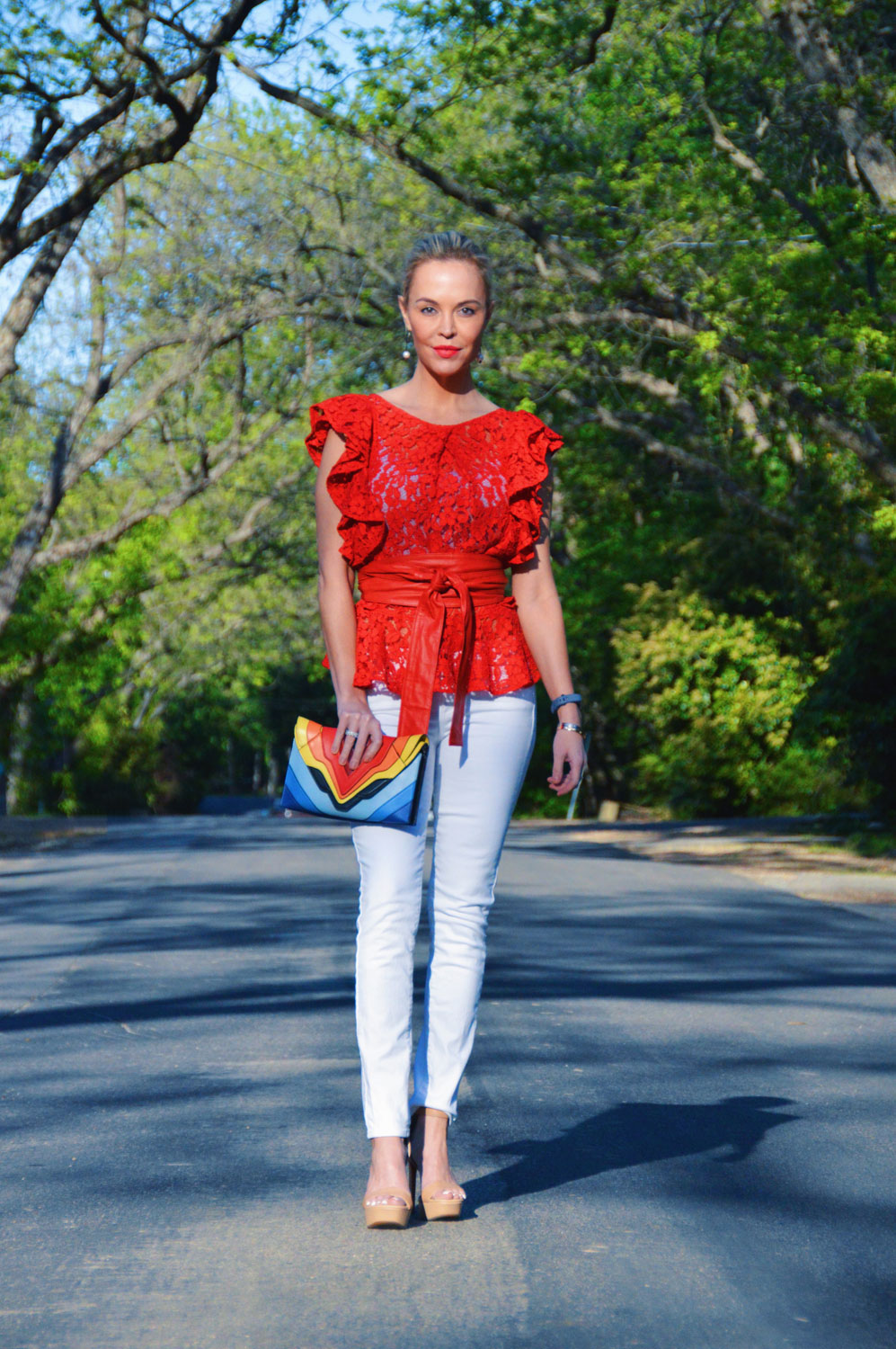 bright, spring outfit with red and white