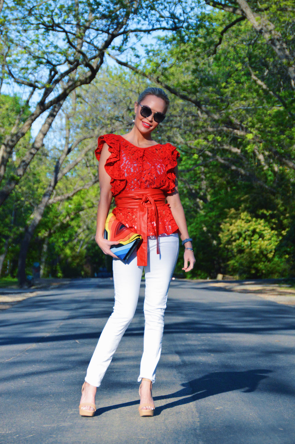 bright spring outfit with red and white accents