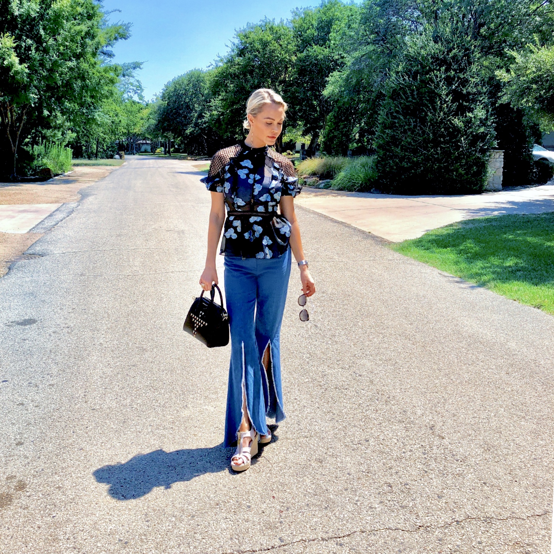 tassel flared jeans with wedge heals and printed floral shirt