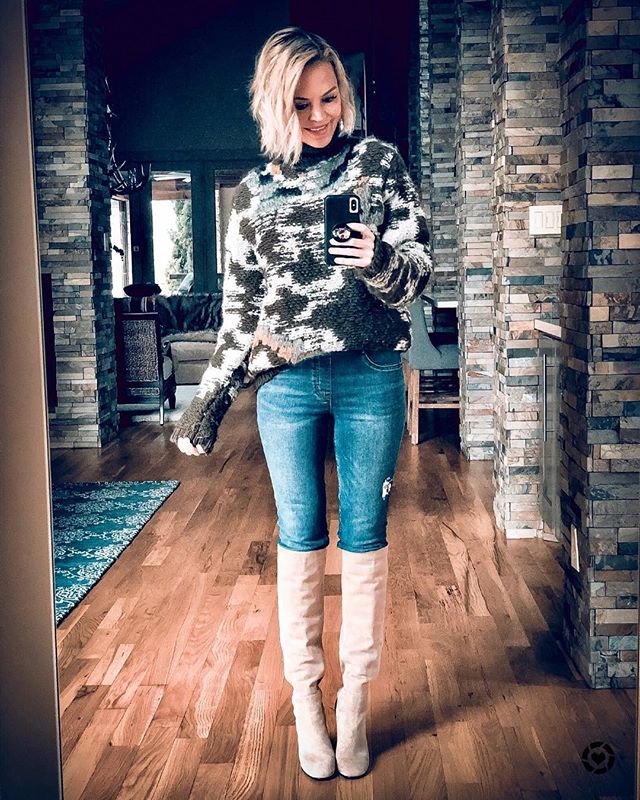 comfortable camo sweater with knee-high boots