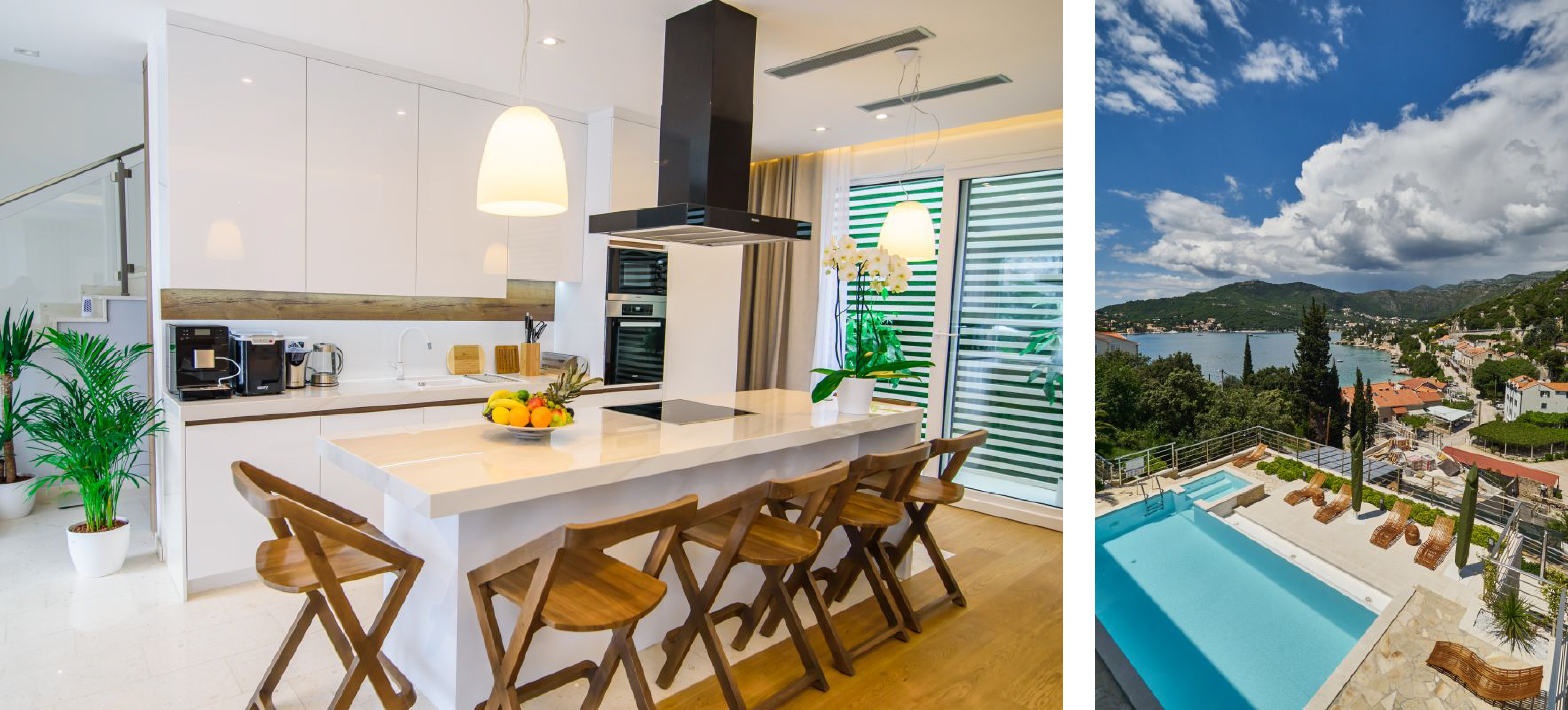 two photos: modern, white kitchen and a view of pool, water, and countryside