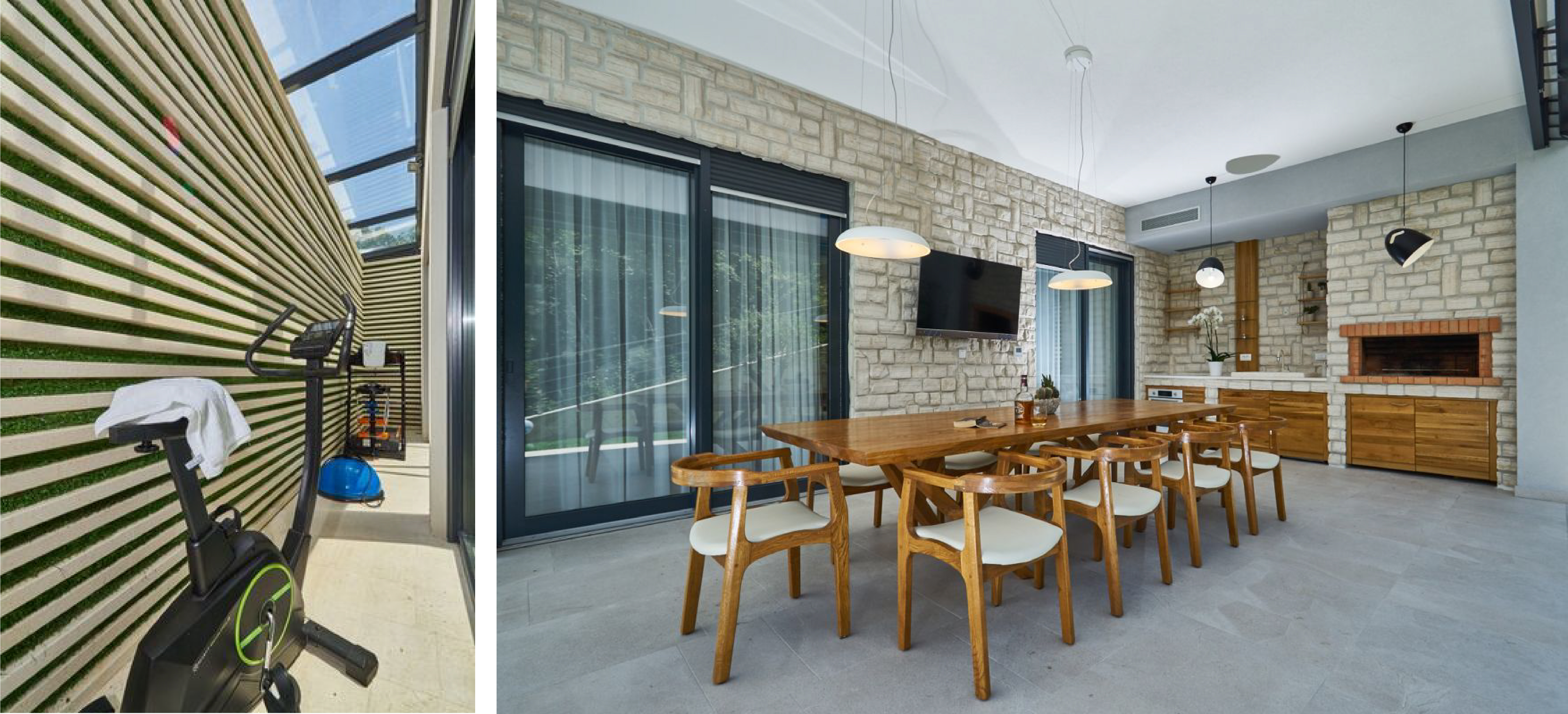 two pictures: an outdoor brick kitchen and a hallway with exercise equipment