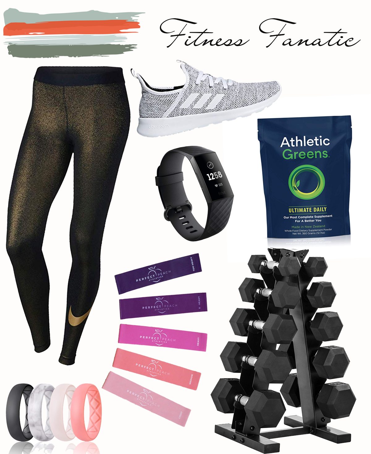 gift for the fitness lover, like designer shoes and a fitbit