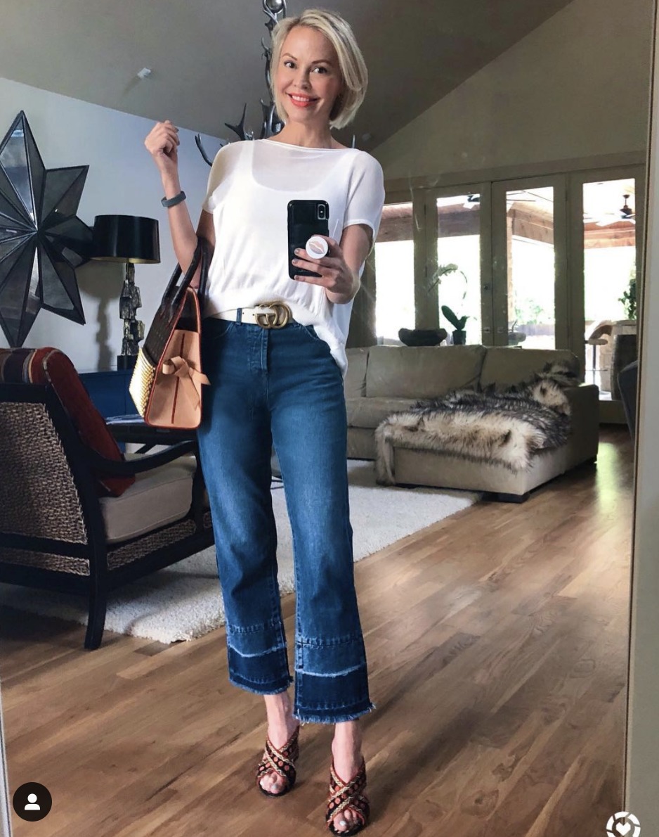 wide-leg frayed denim with a Gucci belt