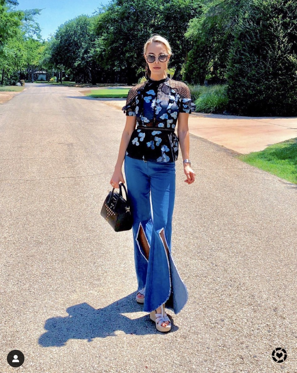 flared jeans with wedges and a floral top